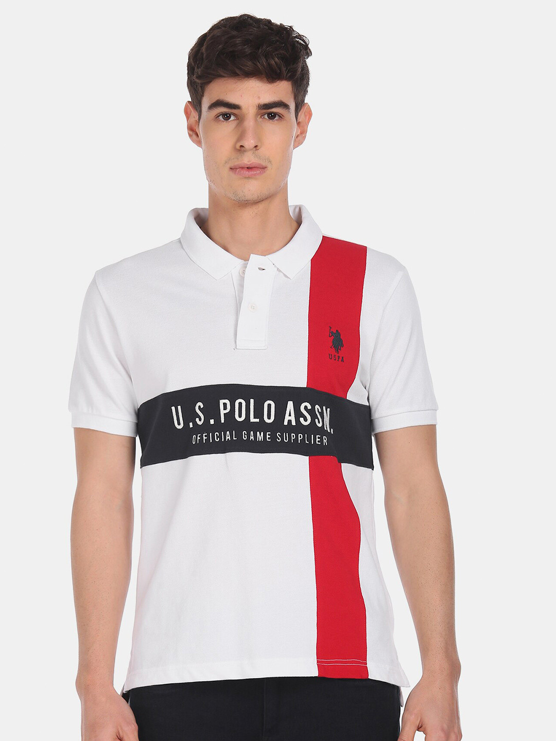 

U.S. Polo Assn. Men White Colourblocked Polo Collar Pure Cotton T-shirt