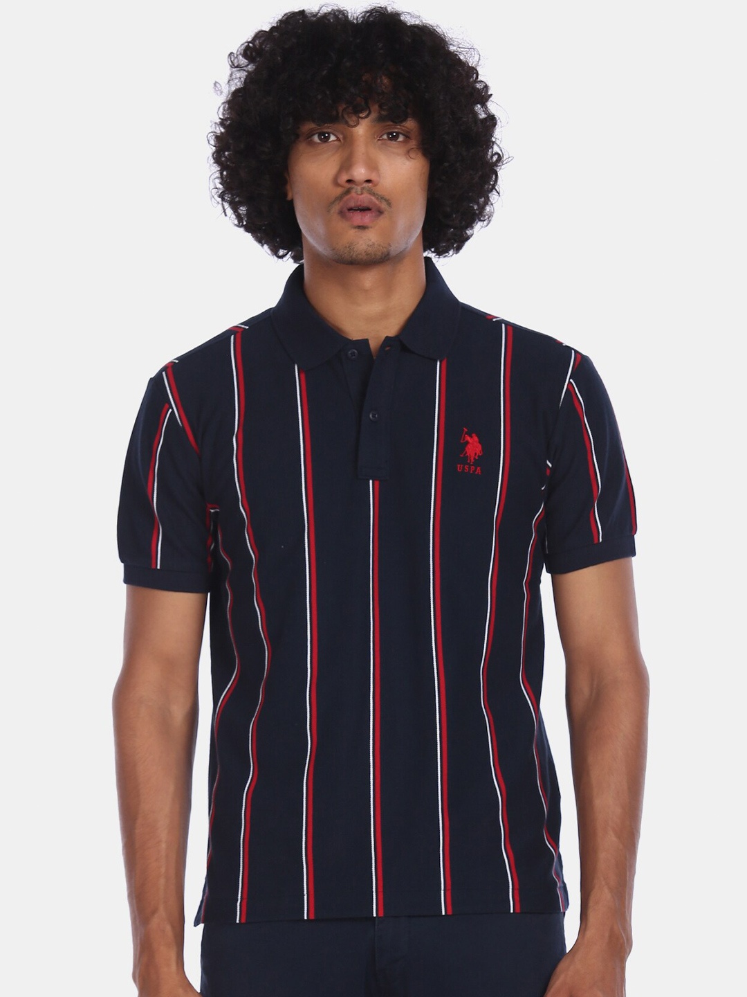 

U.S. Polo Assn. Men Blue Striped Polo Collar Pure Cotton T-shirt