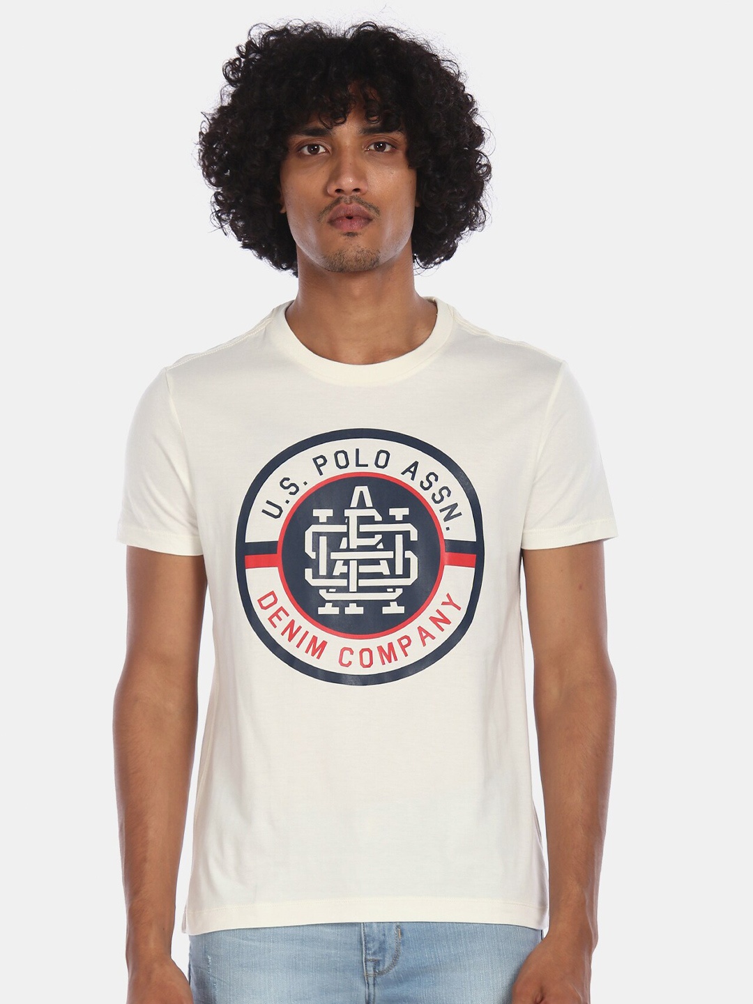 

U.S. Polo Assn. Denim Co. Men White Printed Round Neck Cotton Pure Cotton T-shirt