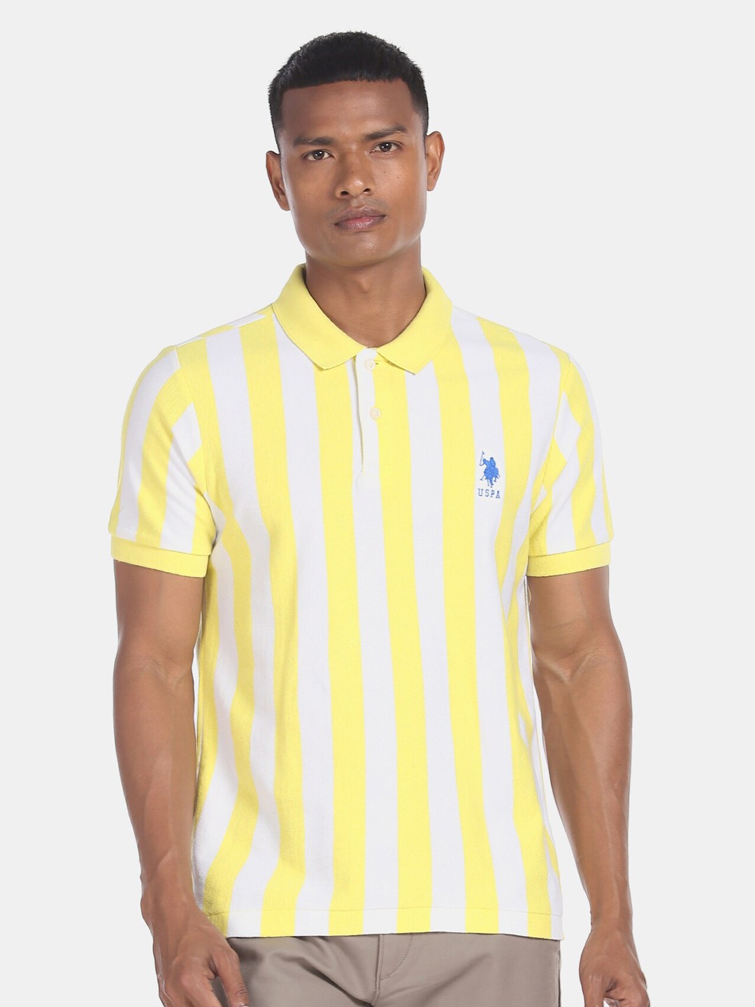

U.S. Polo Assn. Men Yellow & White Striped Polo Collar T-shirt