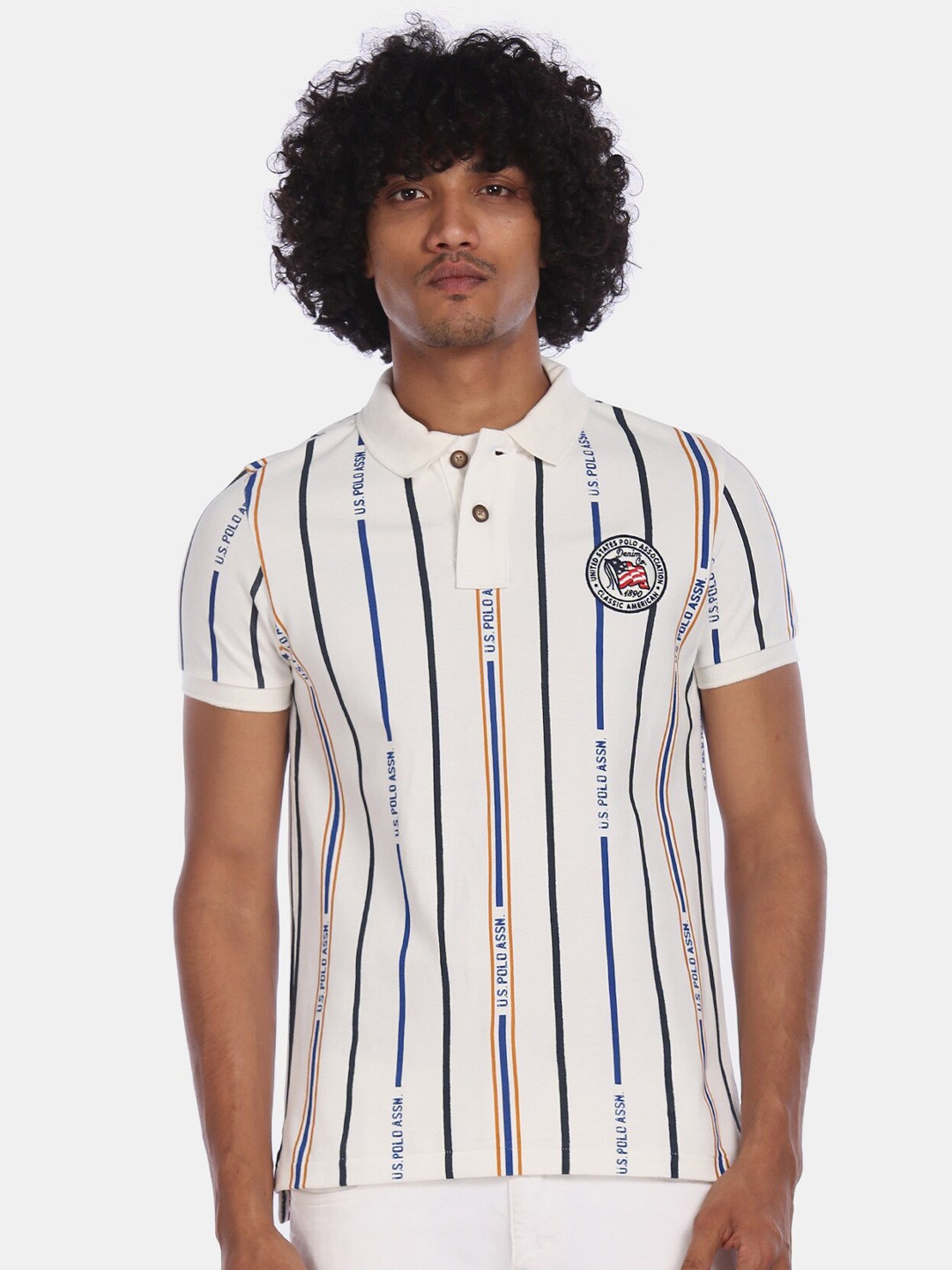 

U.S. Polo Assn. Denim Co. Men Off-White Striped Polo Collar Cotton Pure Cotton T-shirt