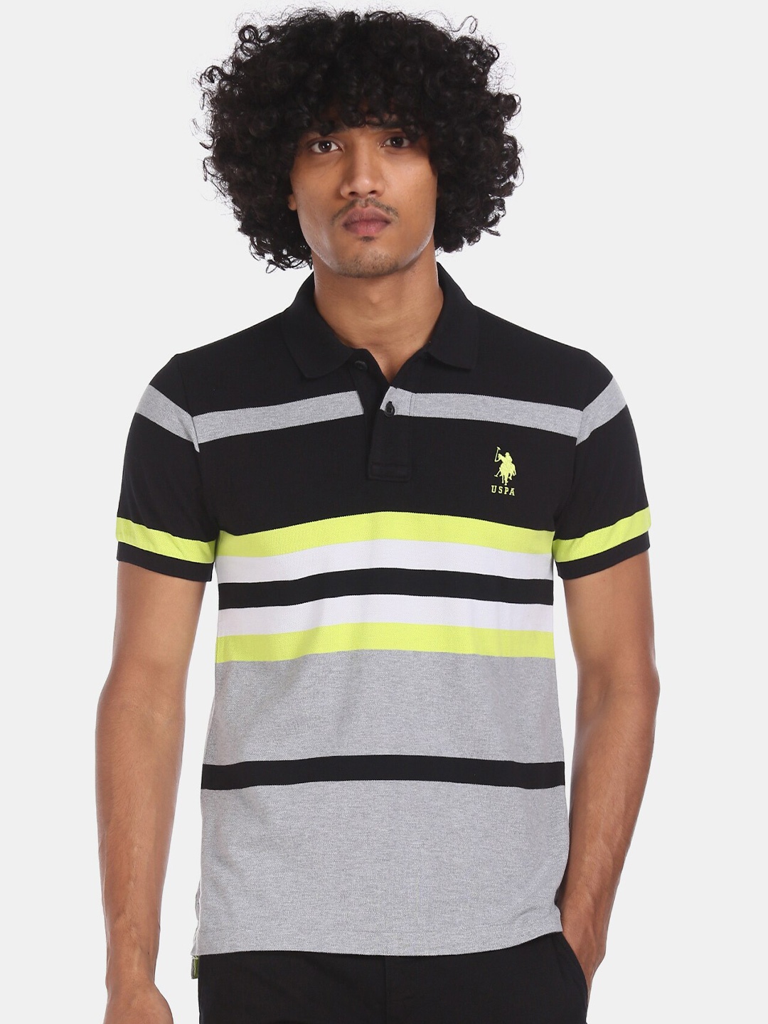 

U.S. Polo Assn. Men Black Striped Polo Collar T-shirt