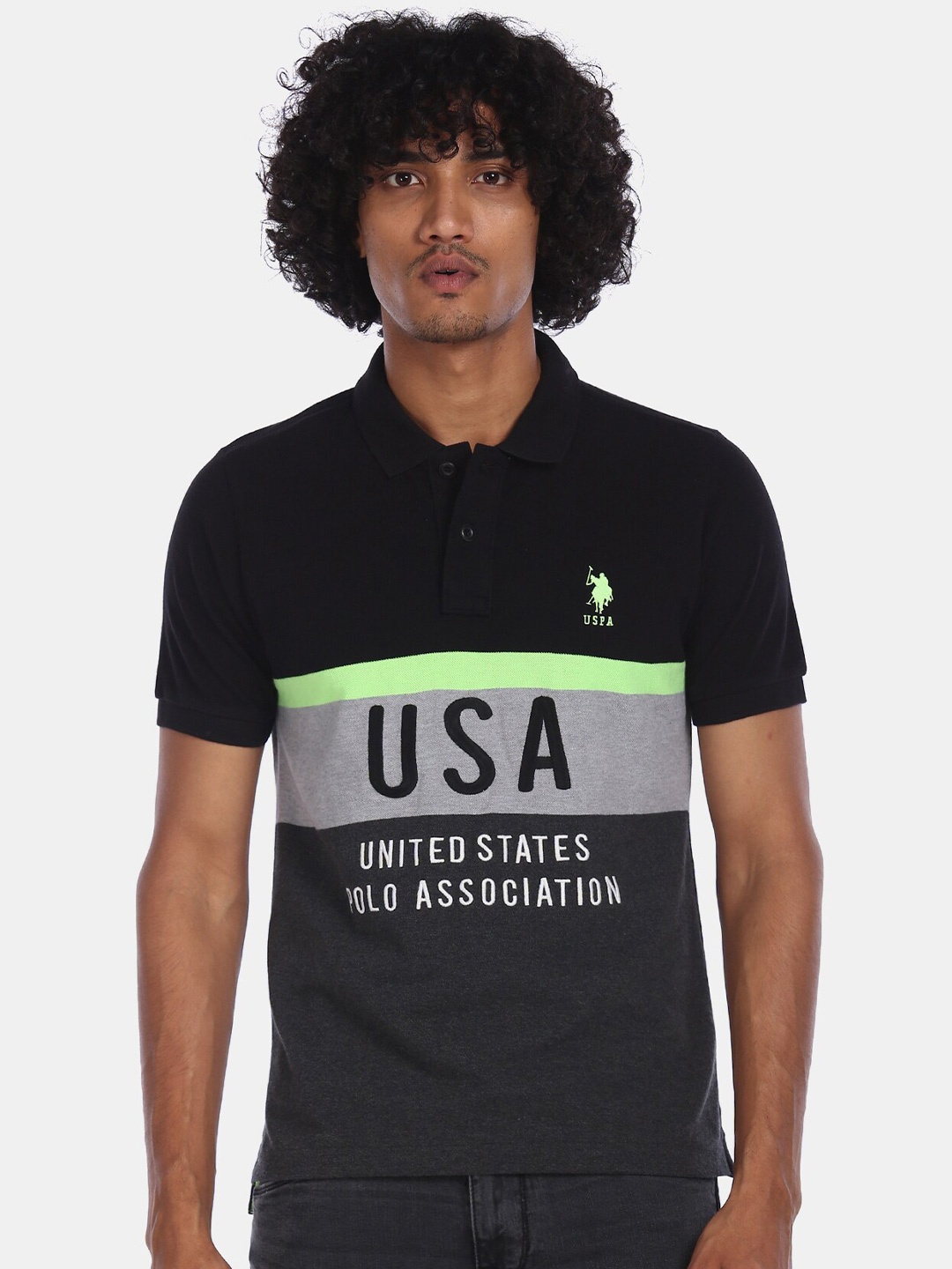 

U.S. Polo Assn. Men Black Colourblocked Polo Collar Pure Cotton T-shirt