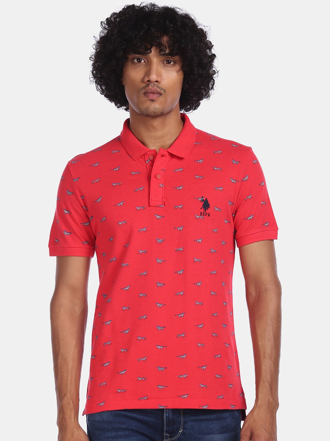 

U.S. Polo Assn. Men Red Printed Polo Collar Cotton Pure Cotton T-shirt