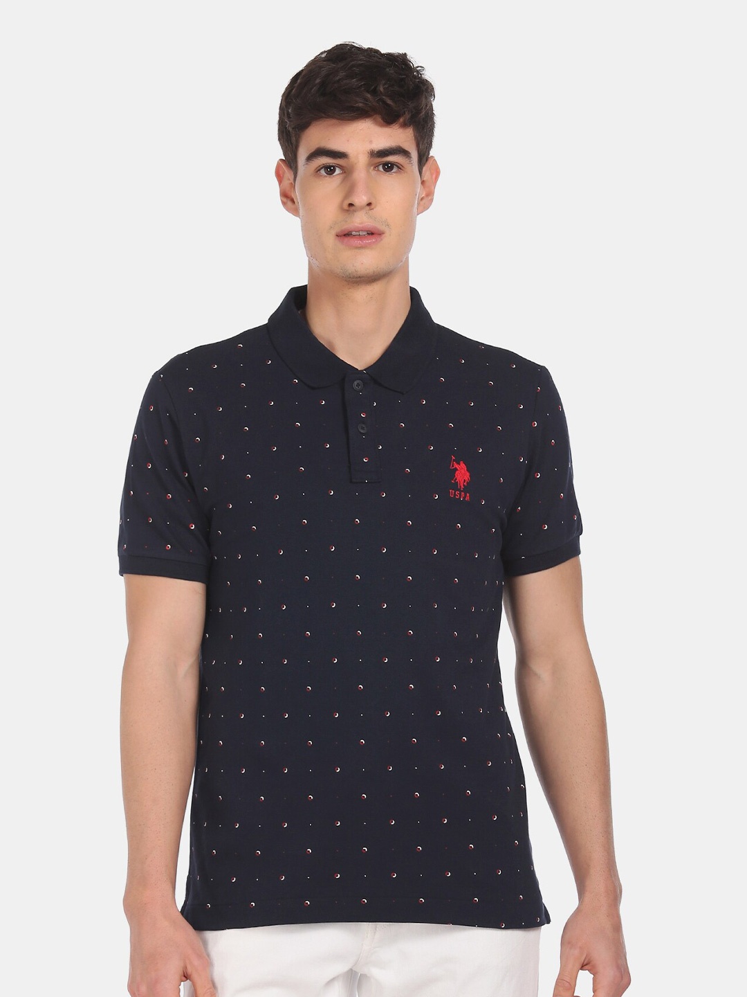 

U.S. Polo Assn. Men Blue Printed Polo Collar Pure Cotton T-shirt