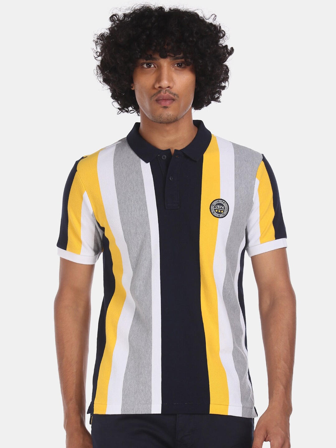 

U.S. Polo Assn. Men Yellow Navy Blue Striped Polo Collar Cotton Pure Cotton T-shirt