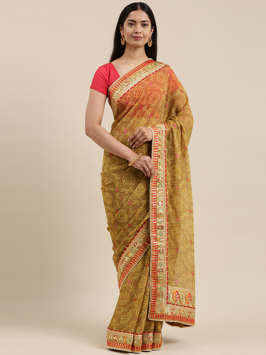 

VASTRANAND Mustard Yellow & Red Printed Gotta Patti Bandhani Saree