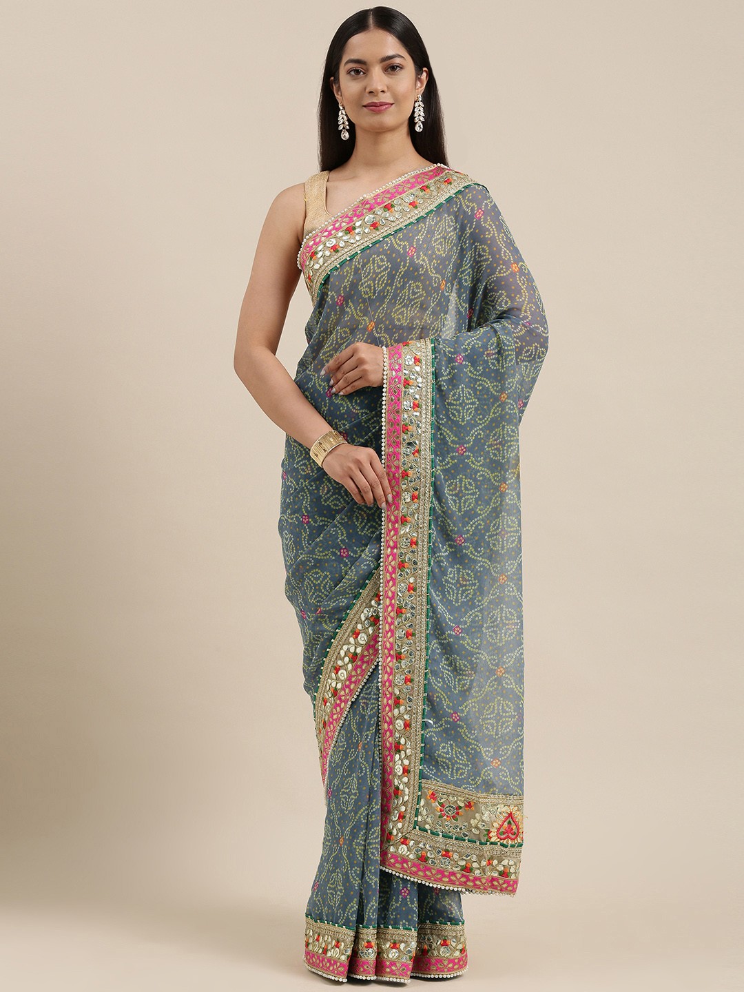 

VASTRANAND Grey & Yellow Bandhani Saree