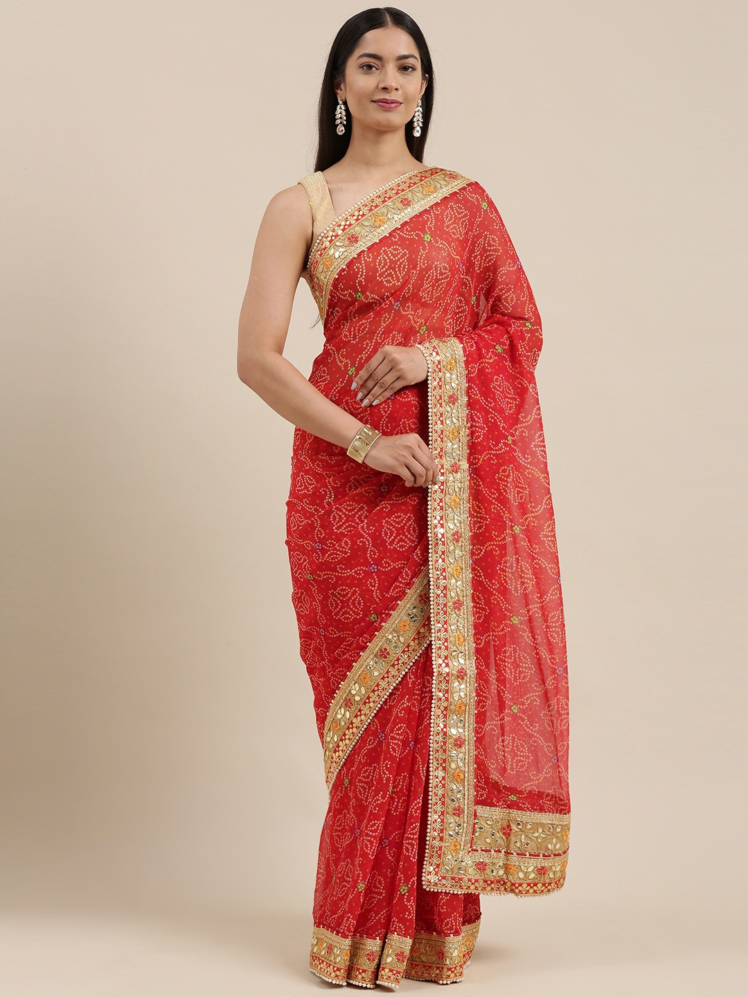 

VASTRANAND Red & Yellow Bandhani Gotta Patti Bandhani Saree