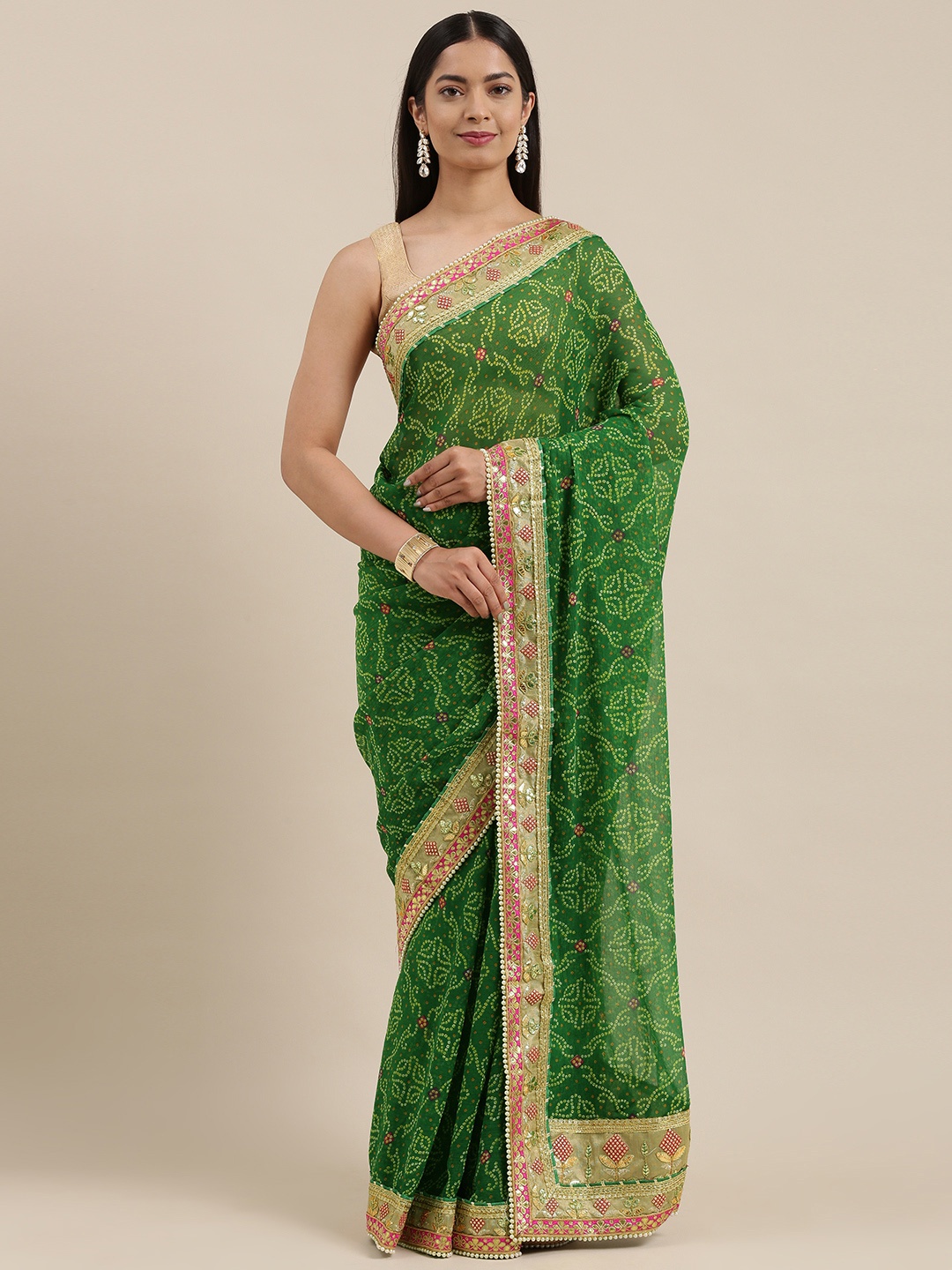 

VASTRANAND Green & Cream Poly Chiffon Printed Bandhani Gota Patti Pearls Lace Saree