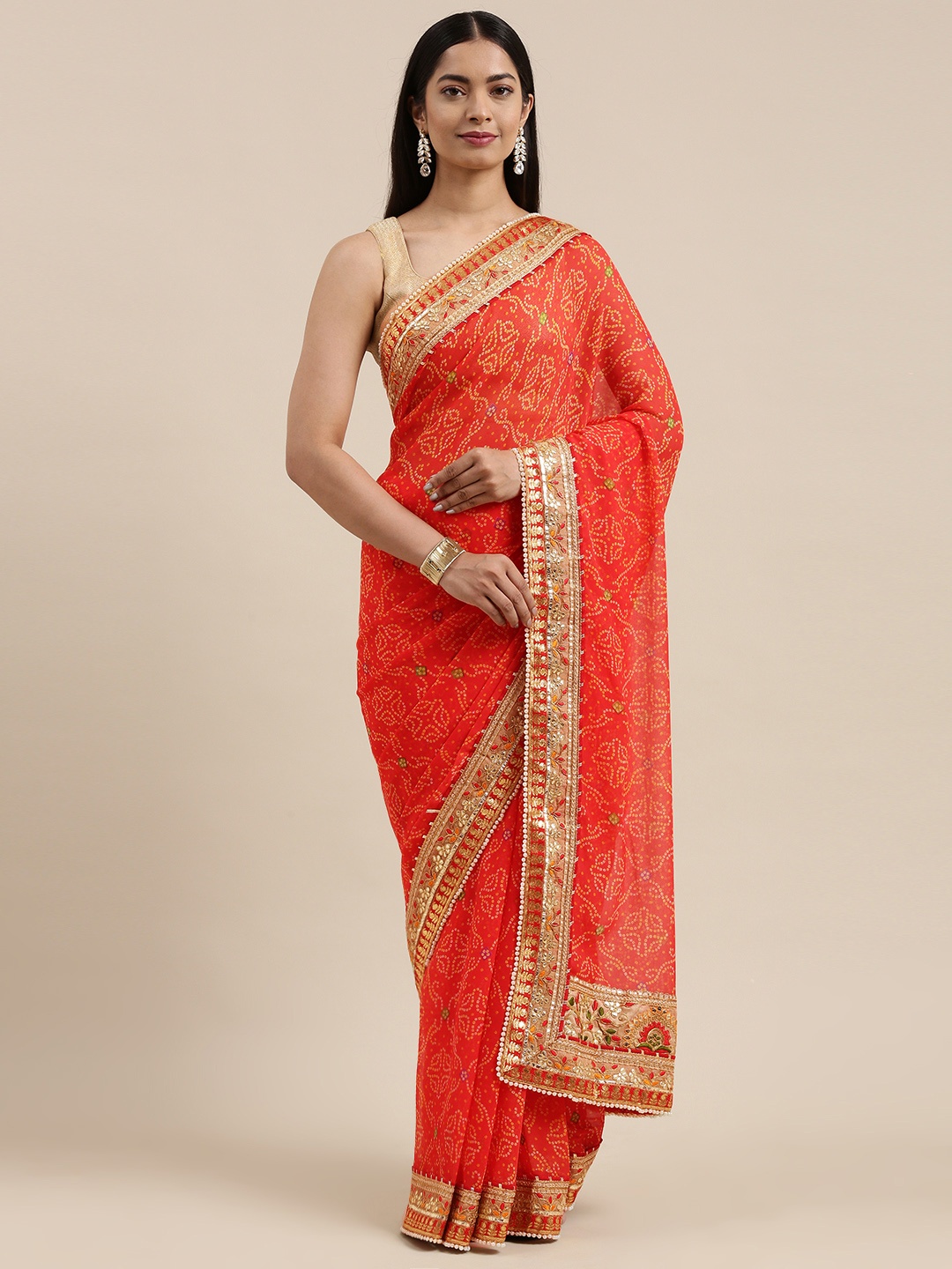 

VASTRANAND Orange Printed Gotta Patti Bandhani Saree