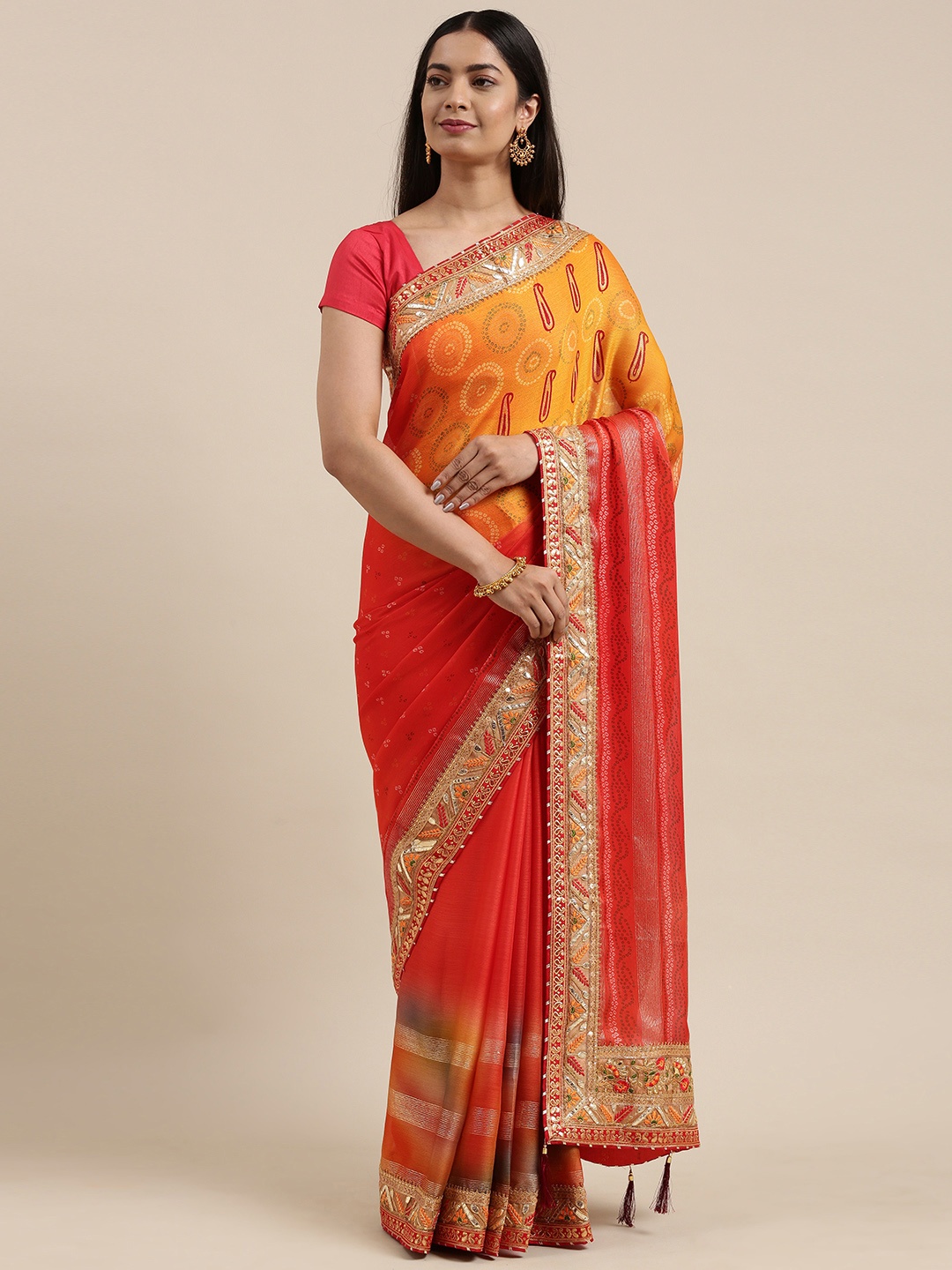 

VASTRANAND Red & Orange Poly Chiffon Printed Bandhani Gota Patti Lace Saree