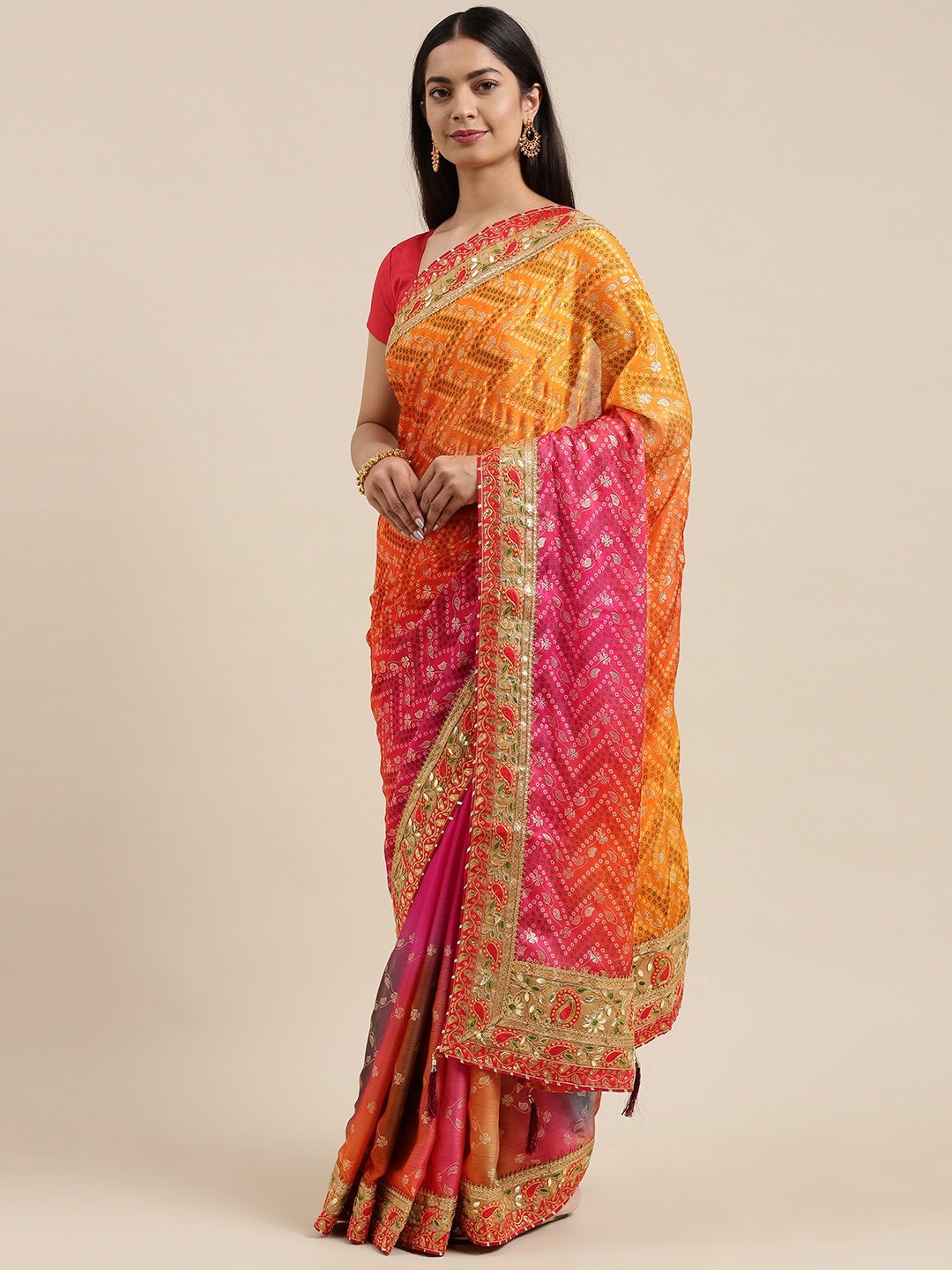 

VASTRANAND Pink & Yellow Printed Gotta Patti Bandhani Saree