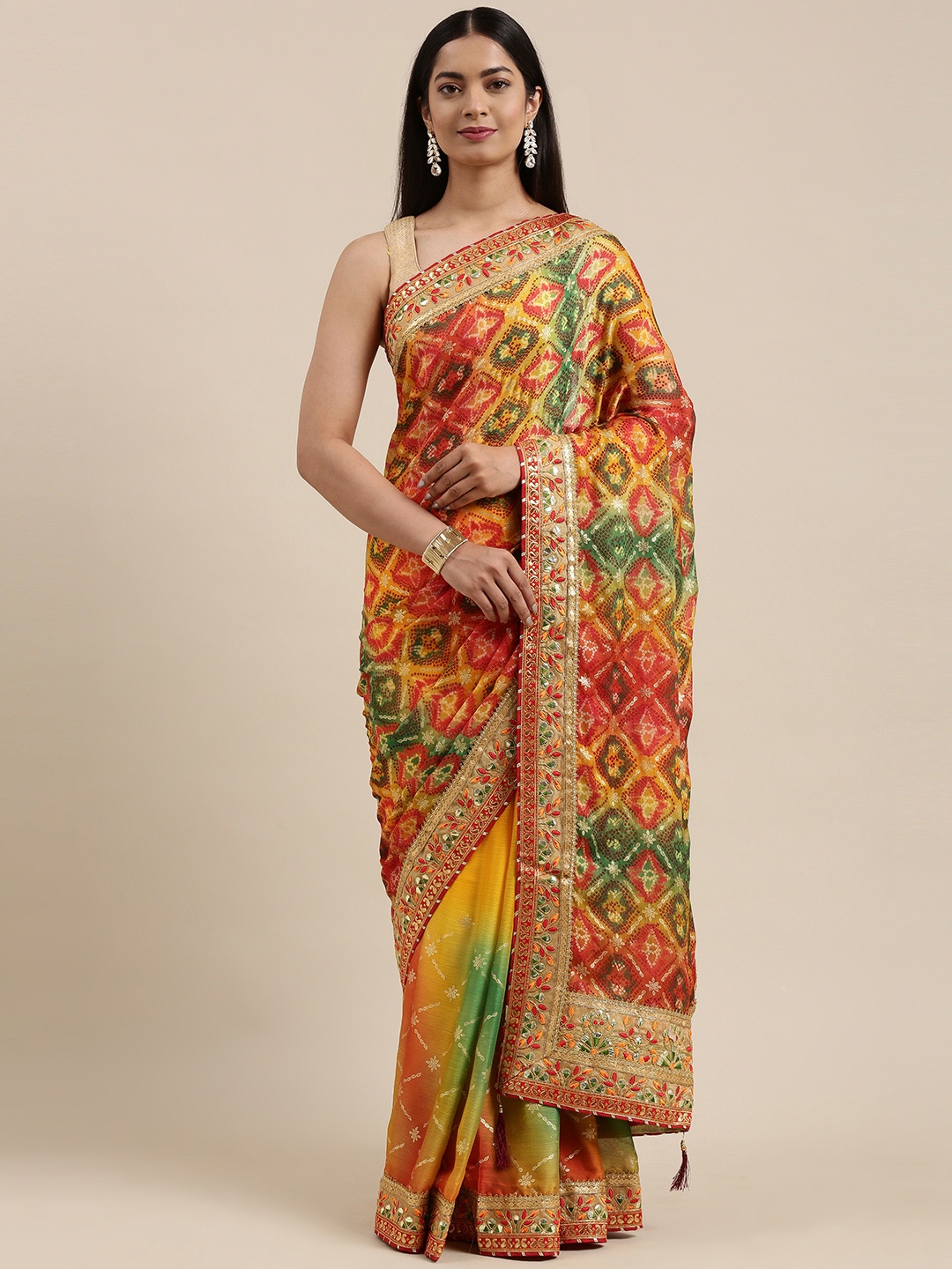 

VASTRANAND Multicoloured Bandhani Gotta Patti Bandhani Saree, Multi
