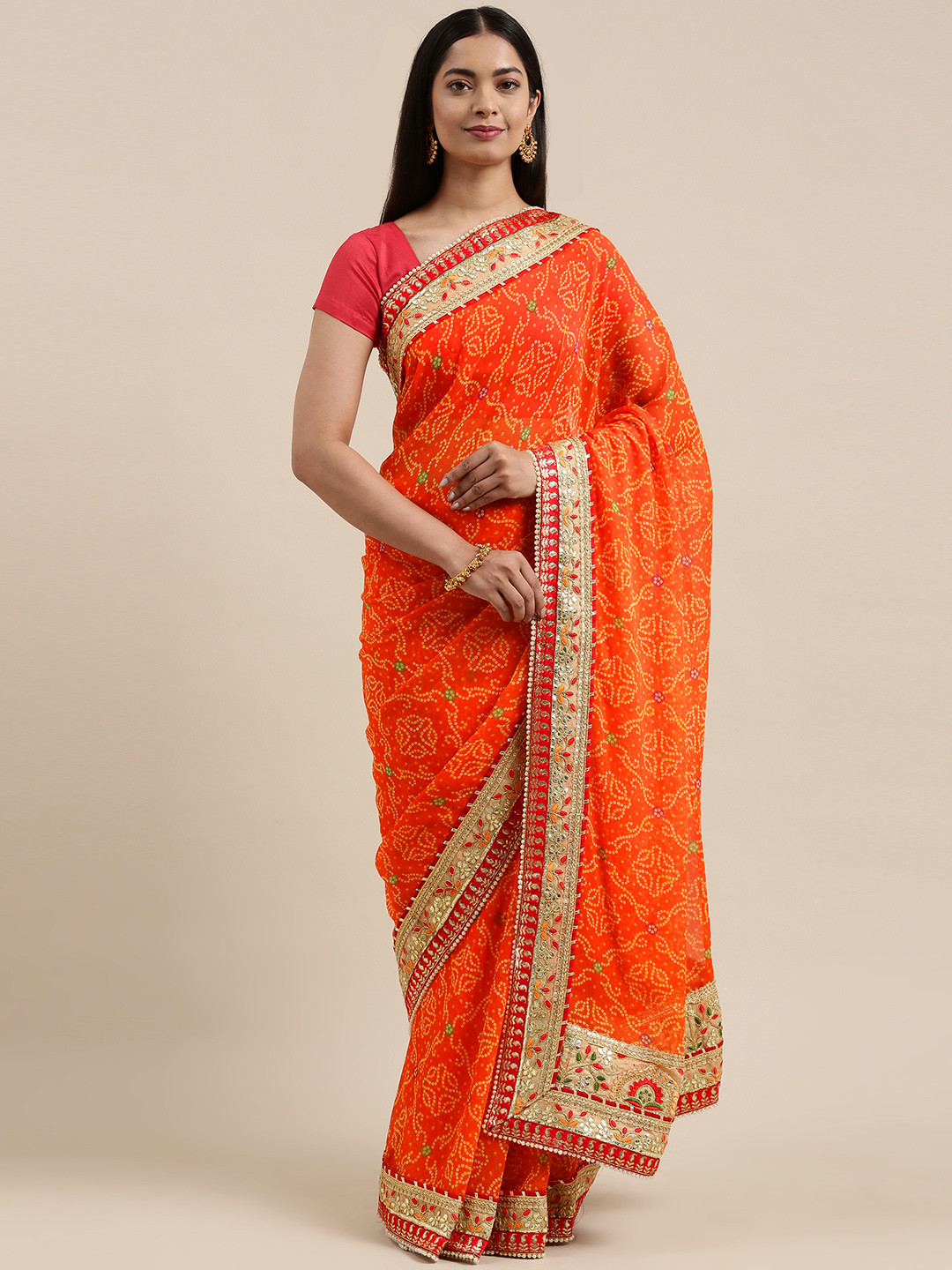 

VASTRANAND Orange & Yellow Printed Gotta Patti Bandhani Saree