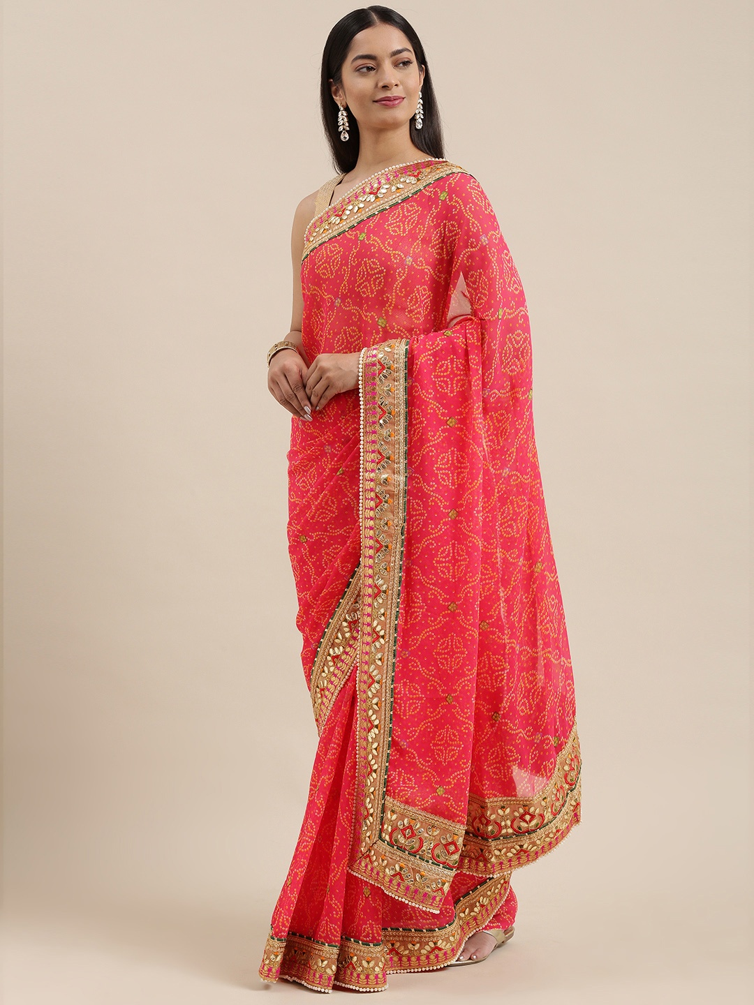 

VASTRANAND Red & Yellow Bandhani Gotta Patti Bandhani Saree