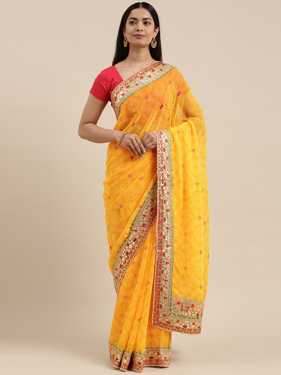 

VASTRANAND Yellow & Red Poly Chiffon Printed Bandhani Gota Patti Pearls Lace Saree