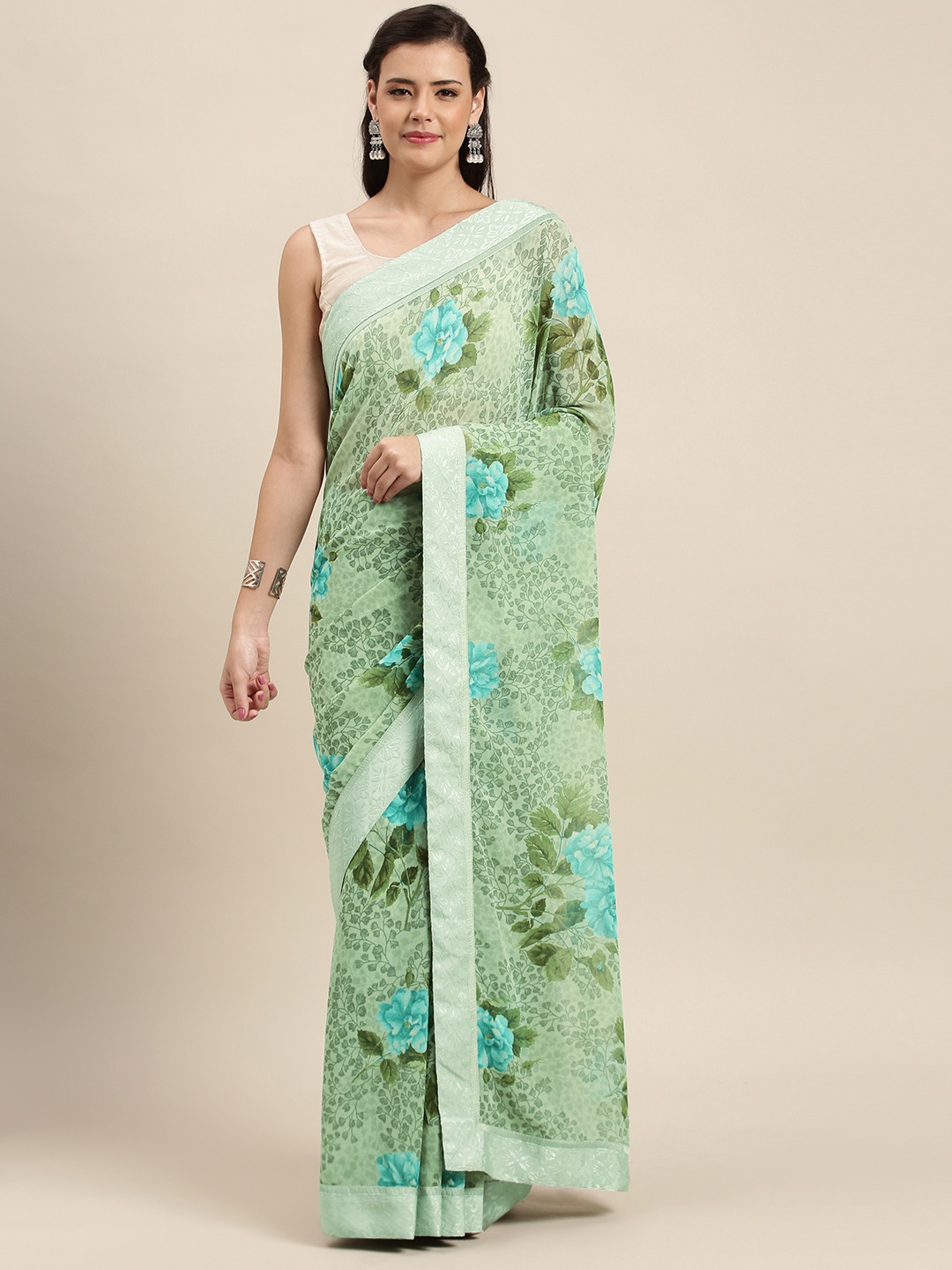 

Soch Green & Blue Poly Georgette Floral Printed Saree