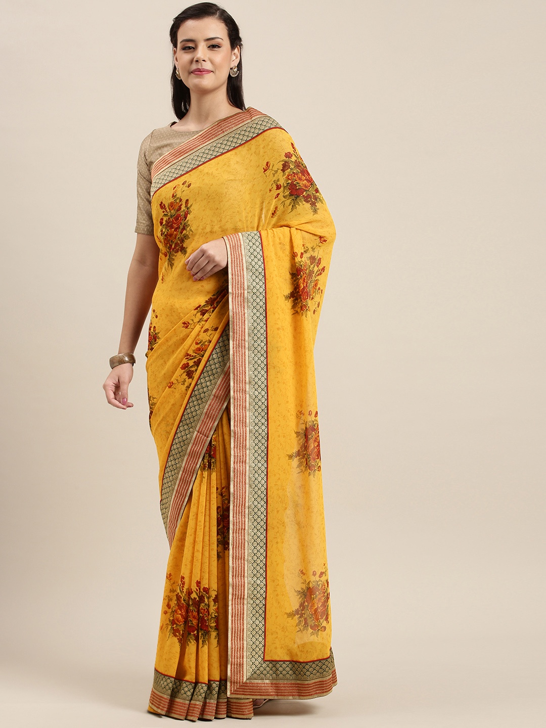 

Soch Mustard Yellow & Red Poly Georgette Printed Saree