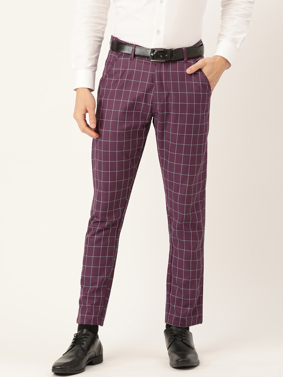 

SOJANYA Men Purple & White Checked Smart Fit Formal Trousers