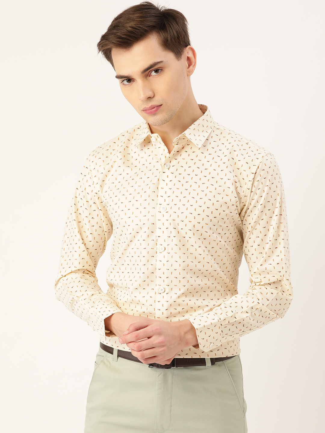 

SOJANYA Men Cream Coloured & Brown Pure Cotton Printed Classic Formal Shirt