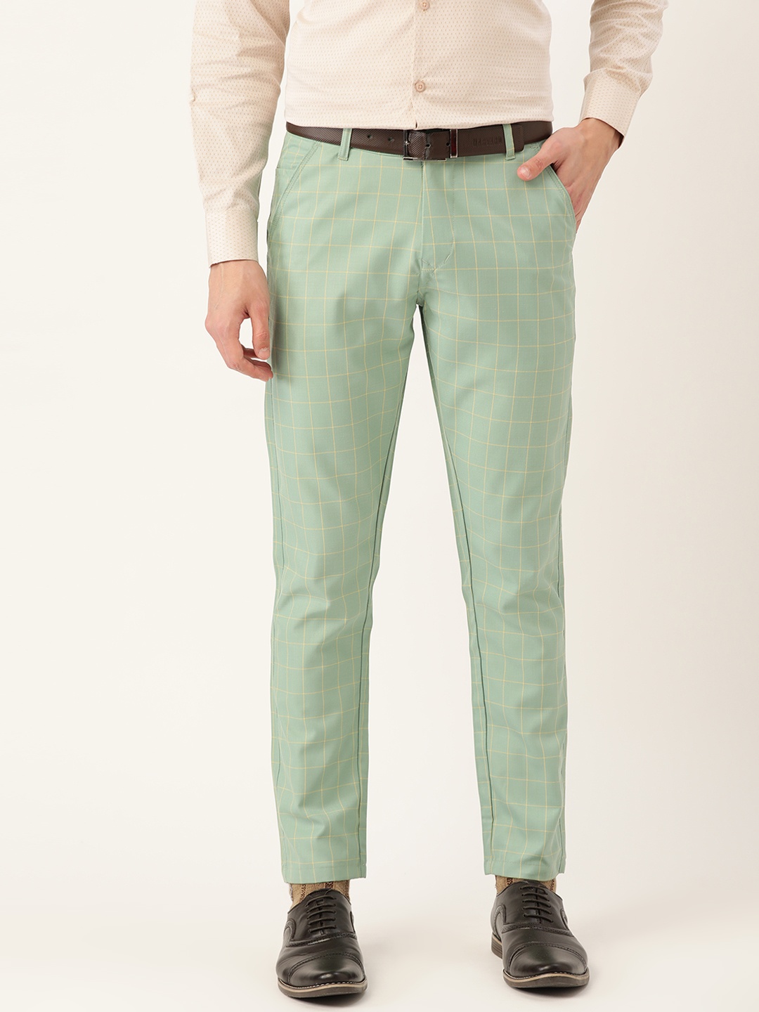 

SOJANYA Men Sea Green & Yellow Checked Smart Fit Formal Trousers