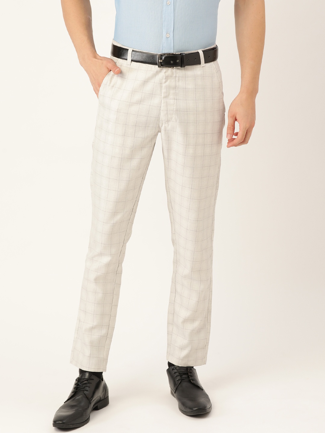 

SOJANYA Men Off-White & Grey Checked Smart Fit Formal Trousers