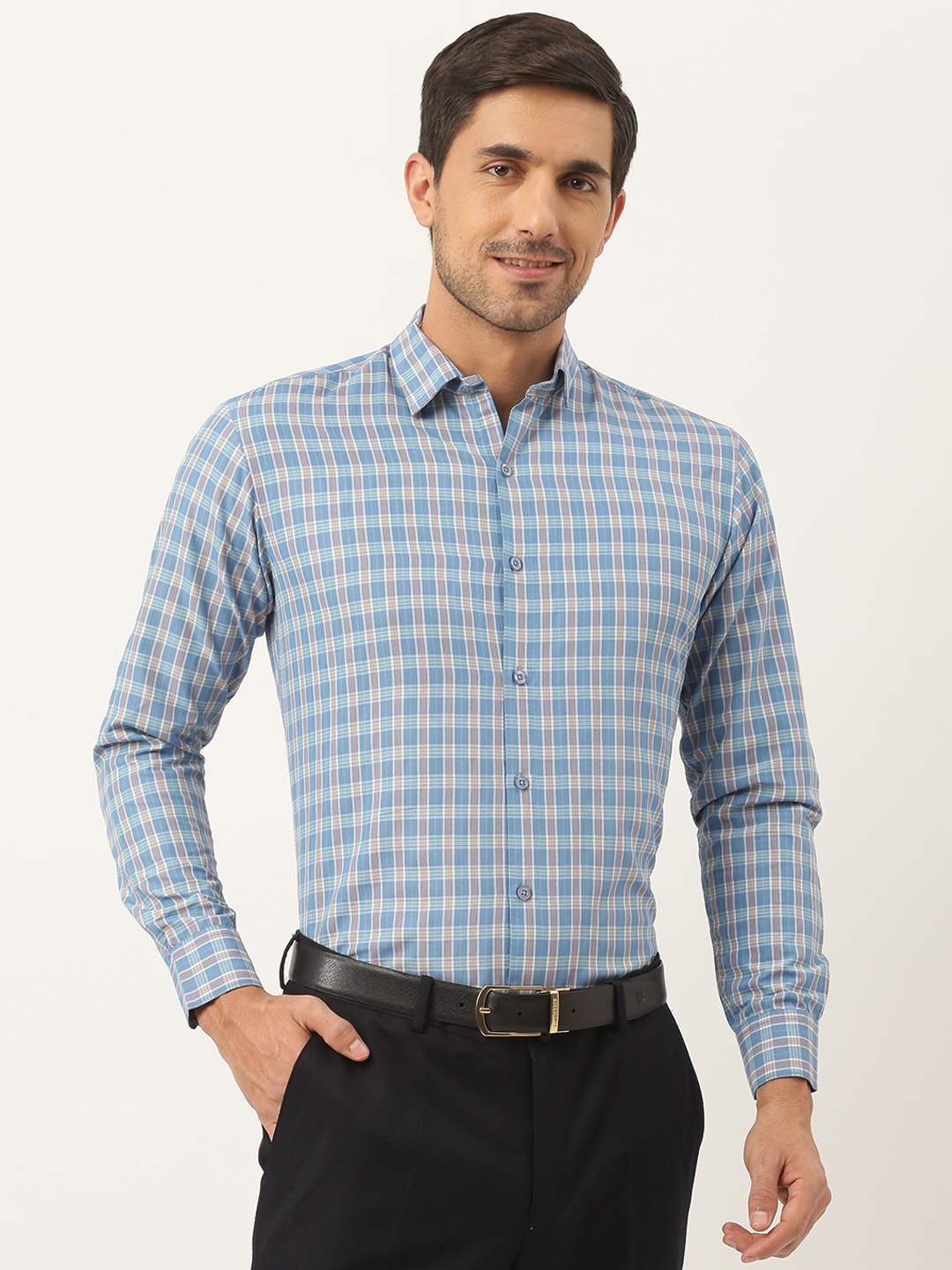 

SOJANYA Men Blue & Off White Checked Pure Cotton Classic Formal Shirt