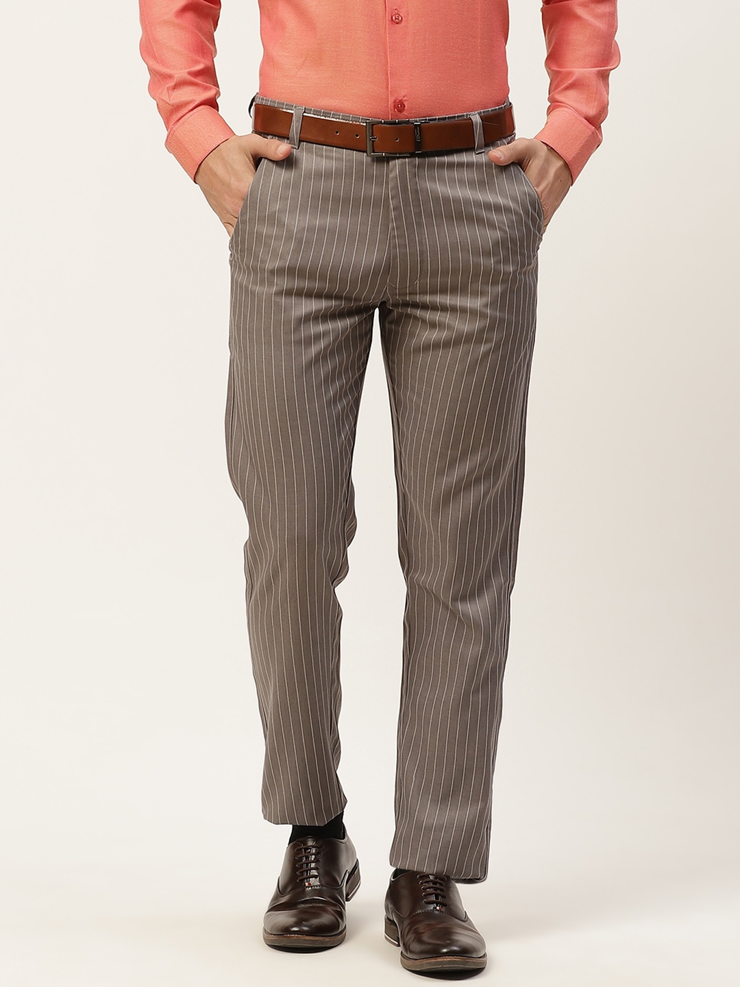 

SOJANYA Men Grey Striped Smart Formal Trousers