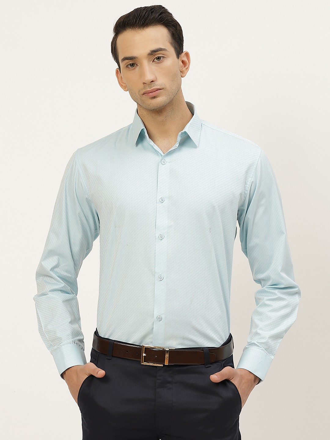 

SOJANYA Men Blue Self Design Pure Cotton Formal Shirt