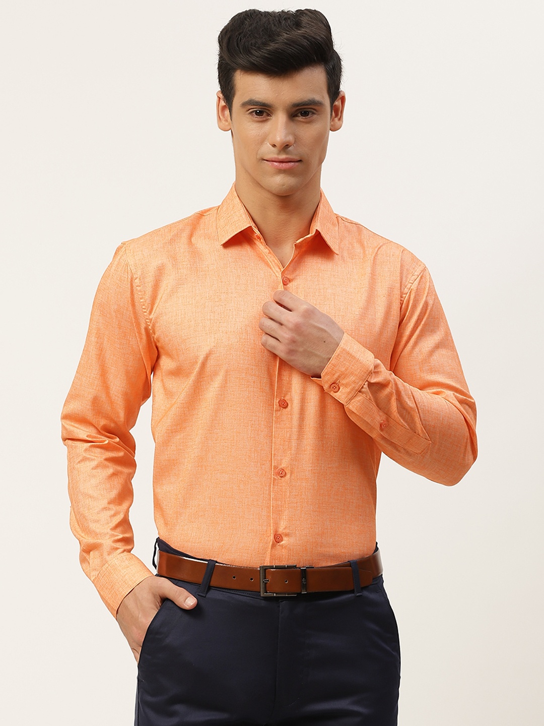 

SOJANYA Men Orange Solid Cotton Linen Formal Shirt