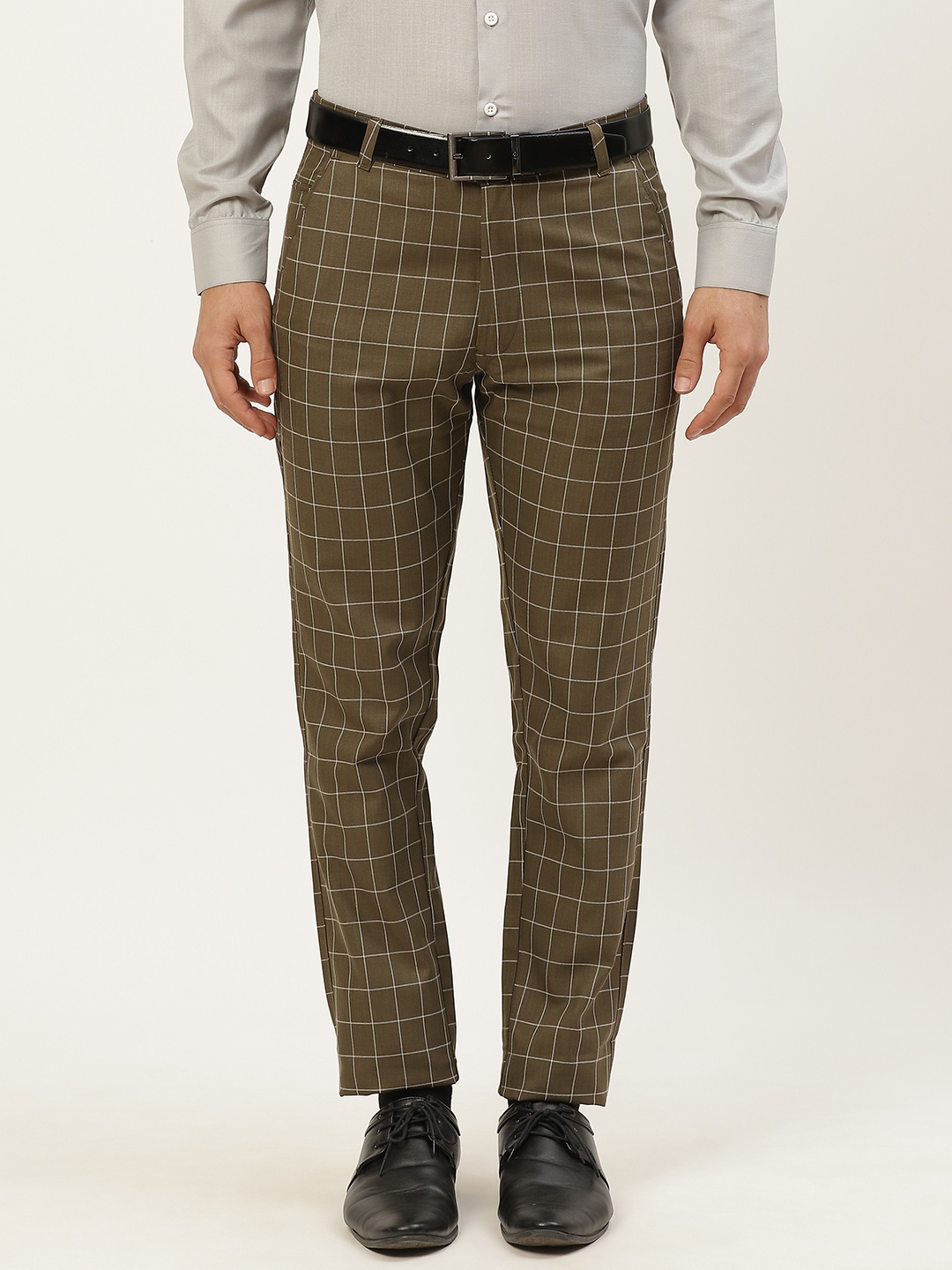 

SOJANYA Men Green & White Checked Smart Fit Formal Trousers