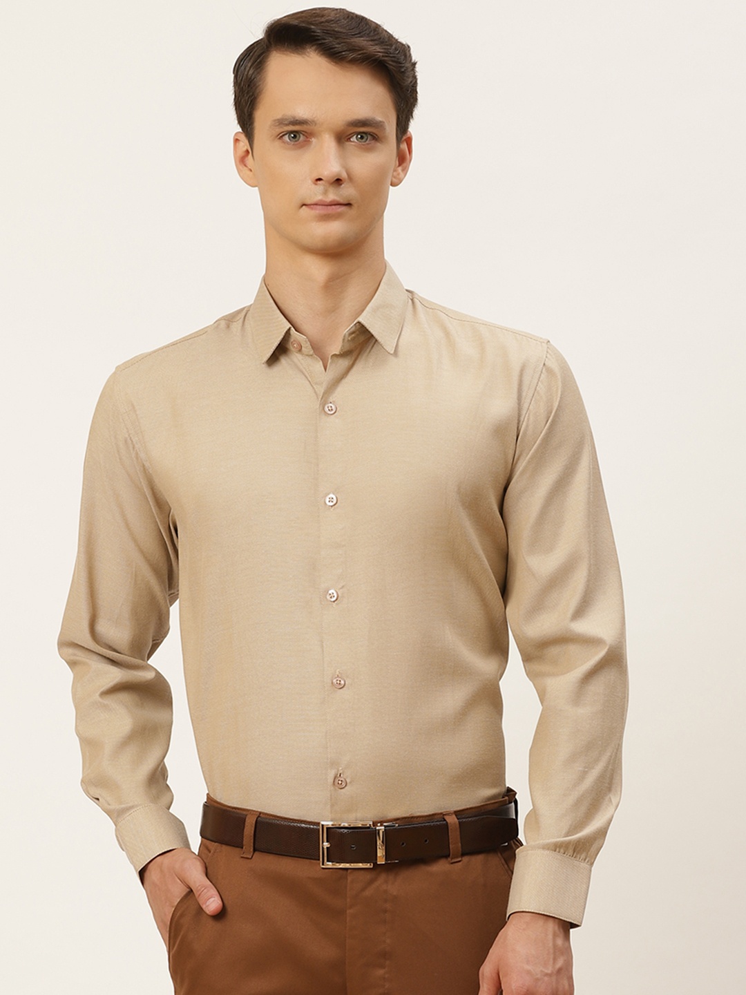 

SOJANYA Men Beige Self Design Classic Fit Pure Cotton Formal Shirt