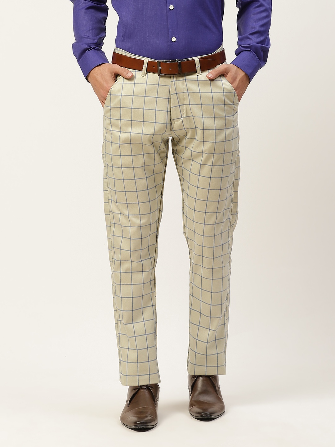 

SOJANYA Men Grey & Blue Checked Smart Formal Trousers