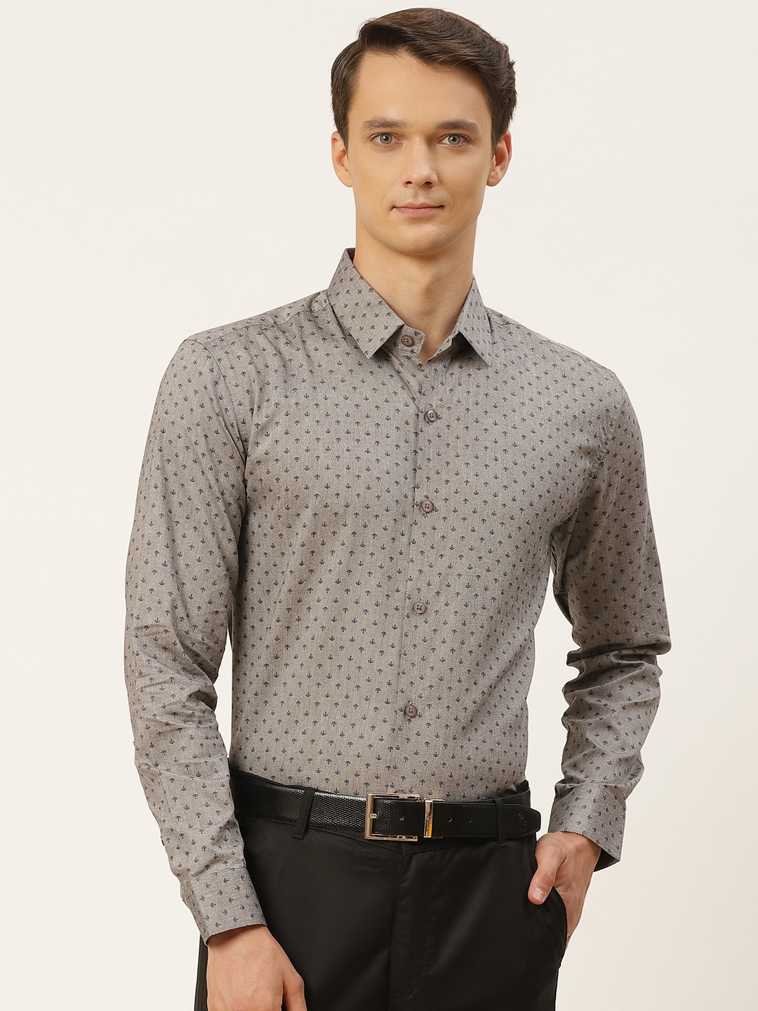 

SOJANYA Men Grey & Black Classic Fit Printed Pure Cotton Formal Shirt