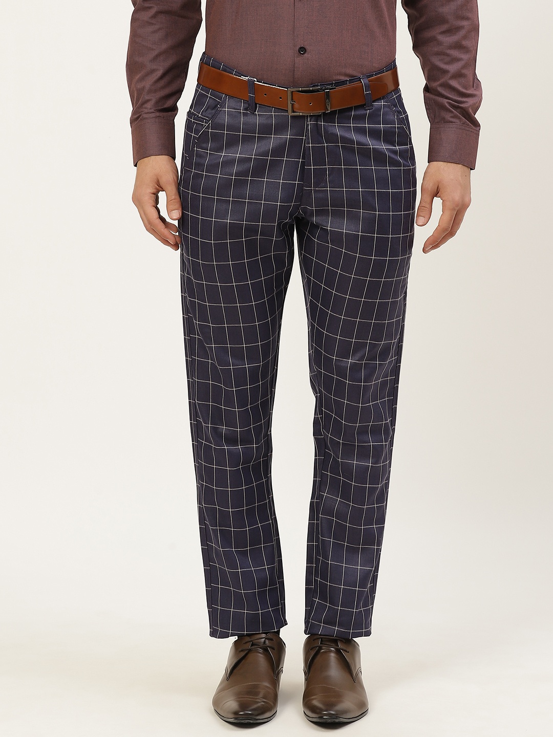 

SOJANYA Men Navy Blue Checked Smart Formal Trousers