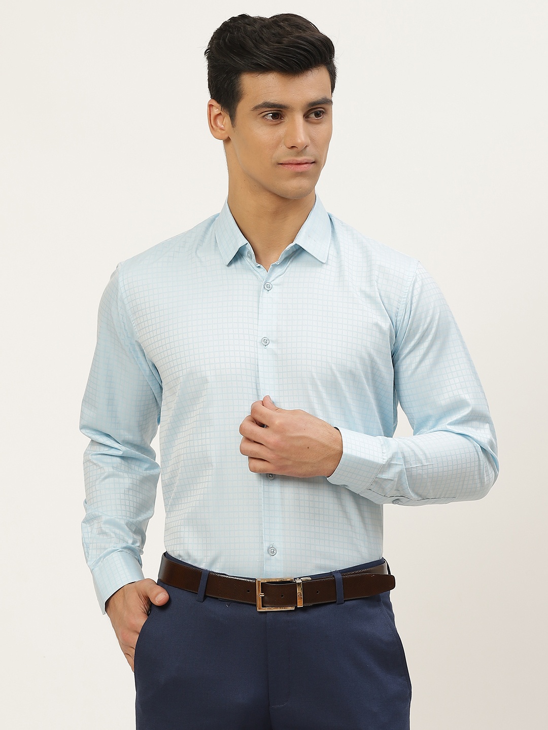 

SOJANYA Men Blue Classic Fit Grid Tattersall Checks Formal Shirt