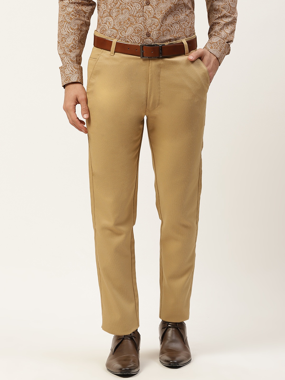 

SOJANYA Men Khaki Self-Striped Smart Formal Trousers