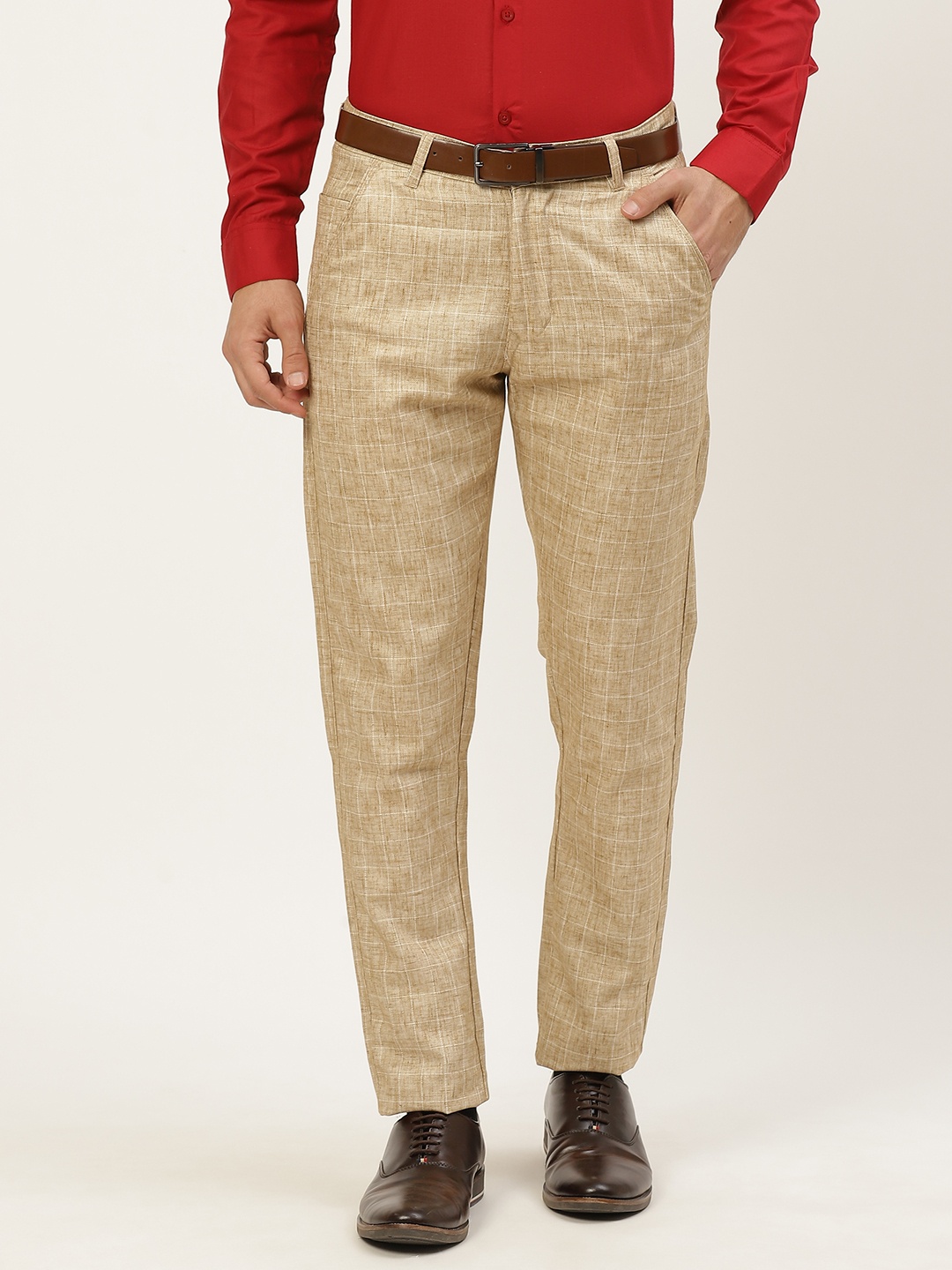 

SOJANYA Men Beige Checked Formal Trousers