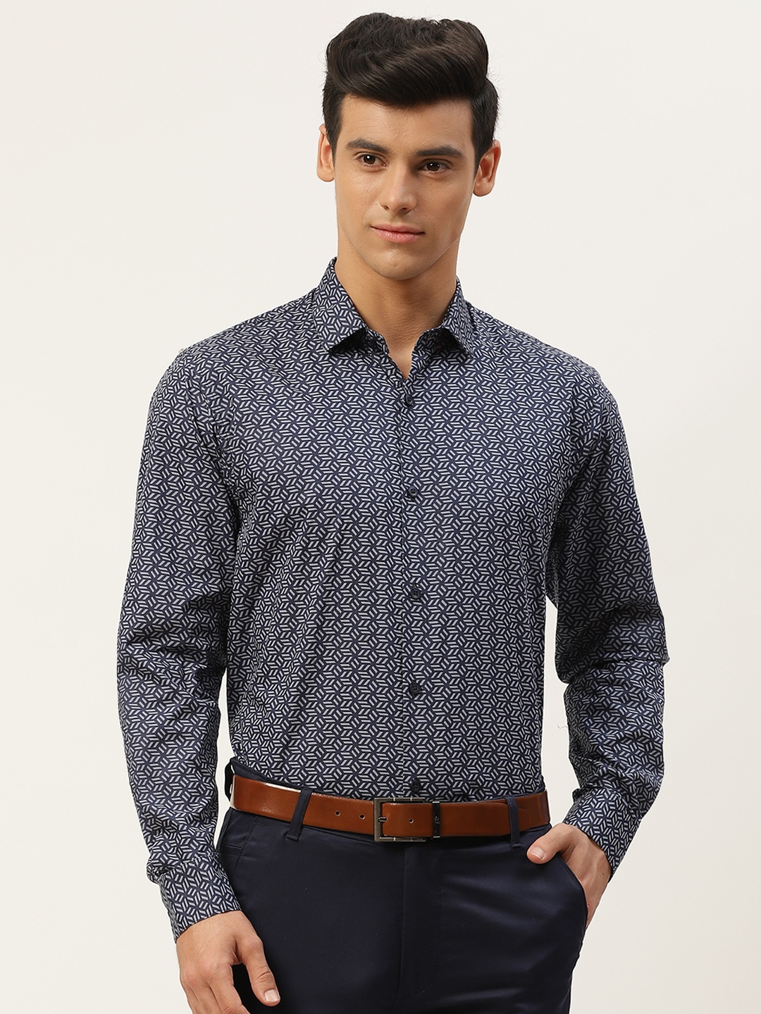 

SOJANYA Men Navy Blue & Grey Classic Pure Cotton Printed Formal Shirt