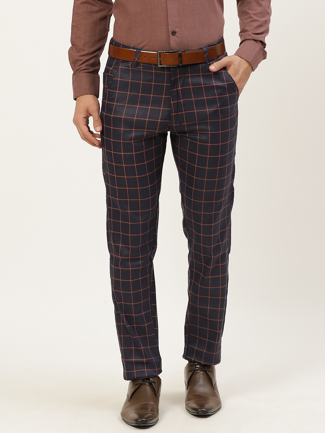 

SOJANYA Men Navy Blue Checked Smart Formal Trousers