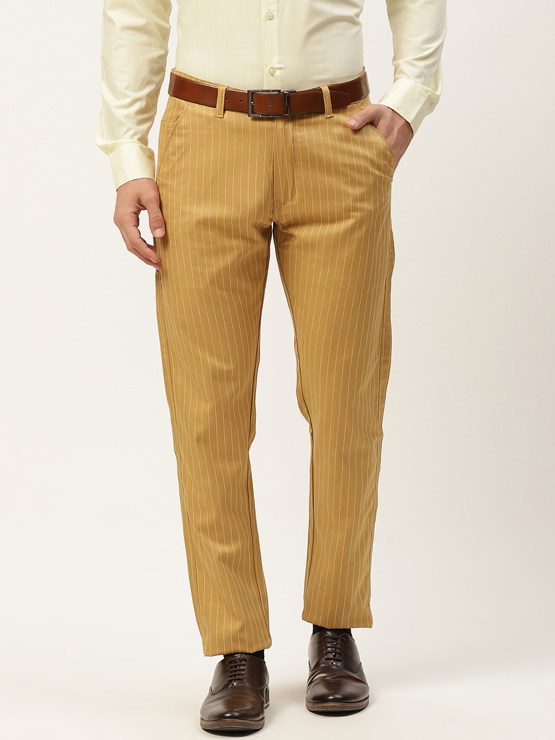 

SOJANYA Men Khaki Striped Smart Formal Trousers