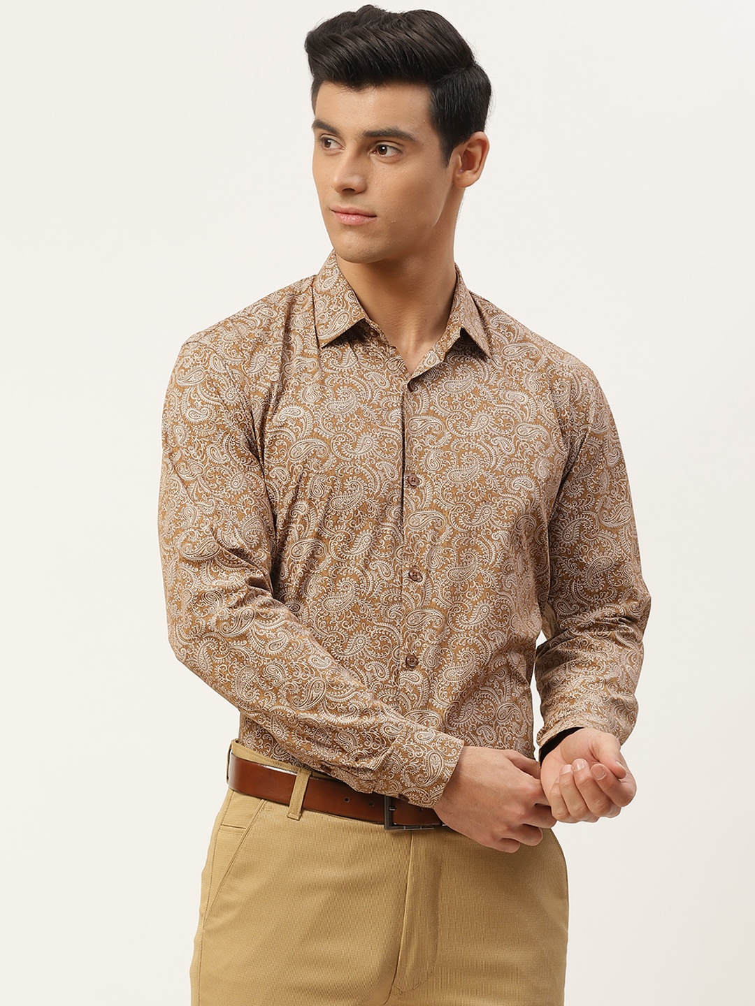 

SOJANYA Men Mustard Yellow & Off-White Classic Printed Cotton Formal Shirt