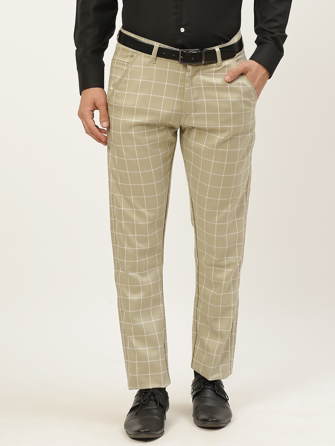 

SOJANYA Men Beige Checked Formal Trousers