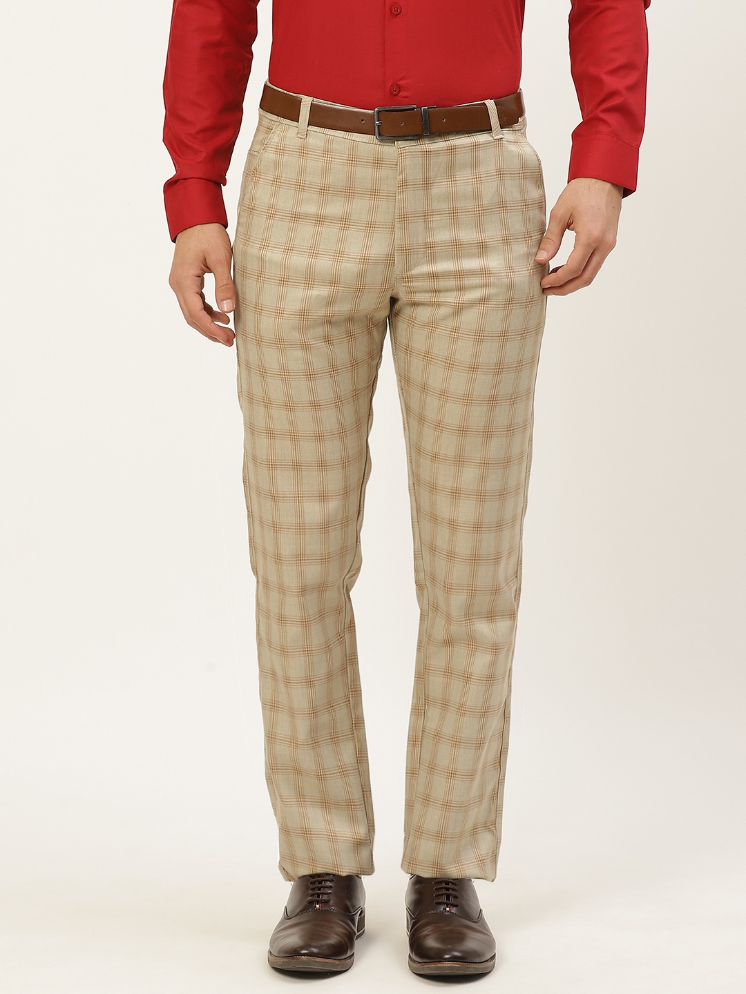 SOJANYA Men Grey & Mustard Yellow Checked Smart Formal Trousers