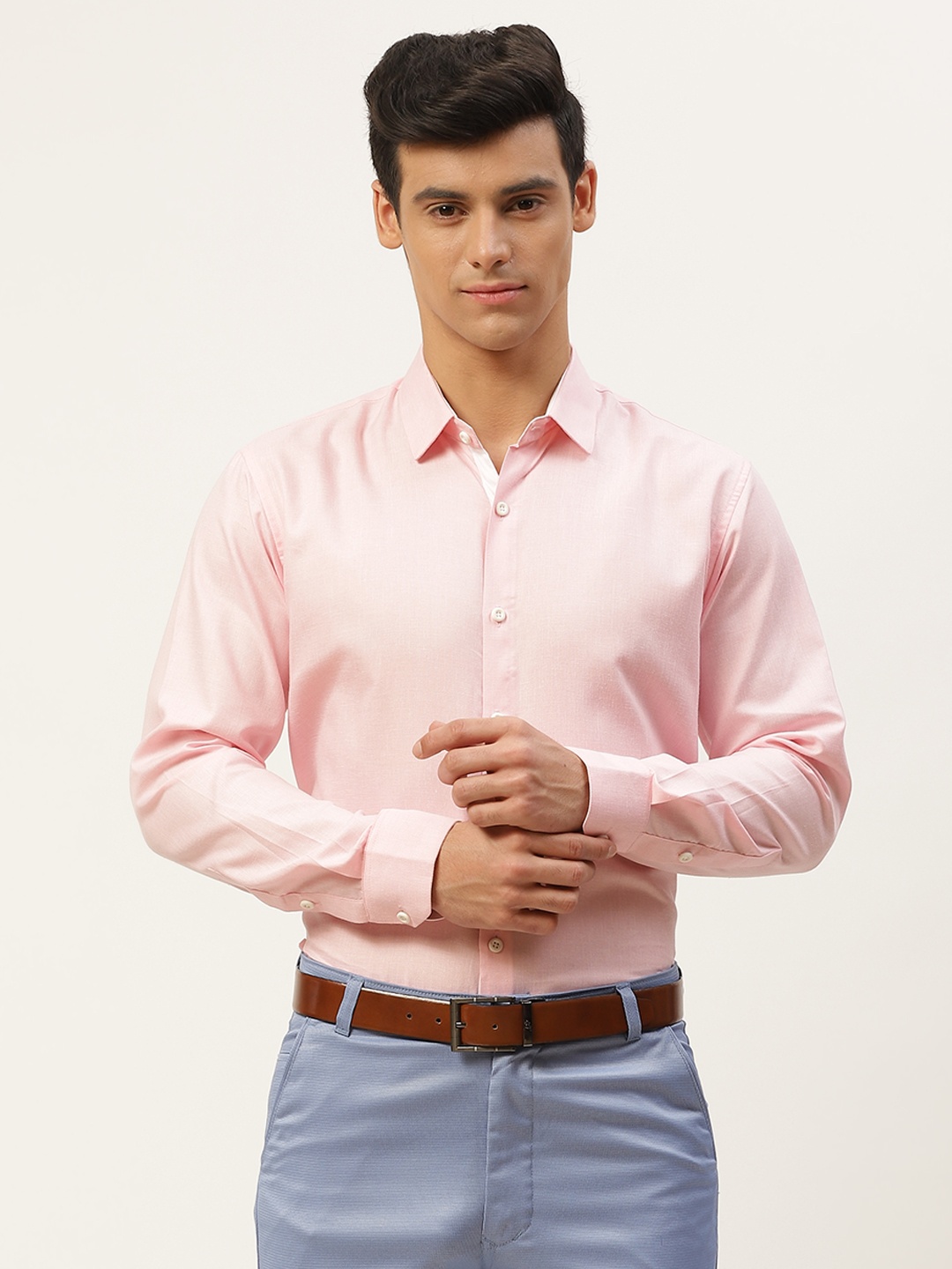 

SOJANYA Men Pink Cotton Linen Classic Fit Formal Shirt