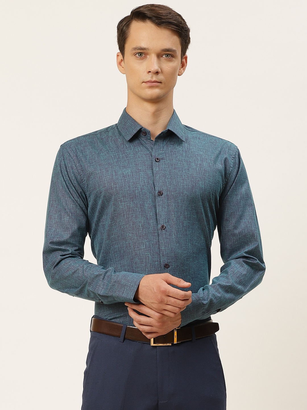 

SOJANYA Men Teal Blue Self-Design Classic Fit Formal Shirt