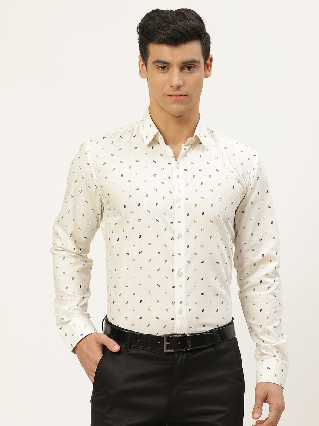 

SOJANYA Men Off White & Navy Blue Printed Classic Fit Formal Shirt