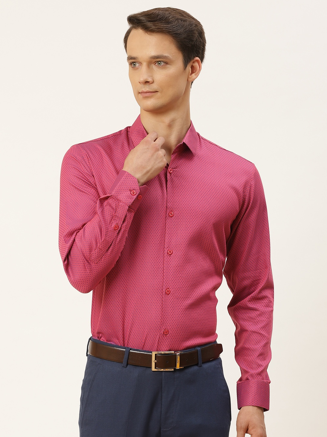 

SOJANYA Men Pink & Navy Blue Classic Regular Fit Self Design Formal Shirt