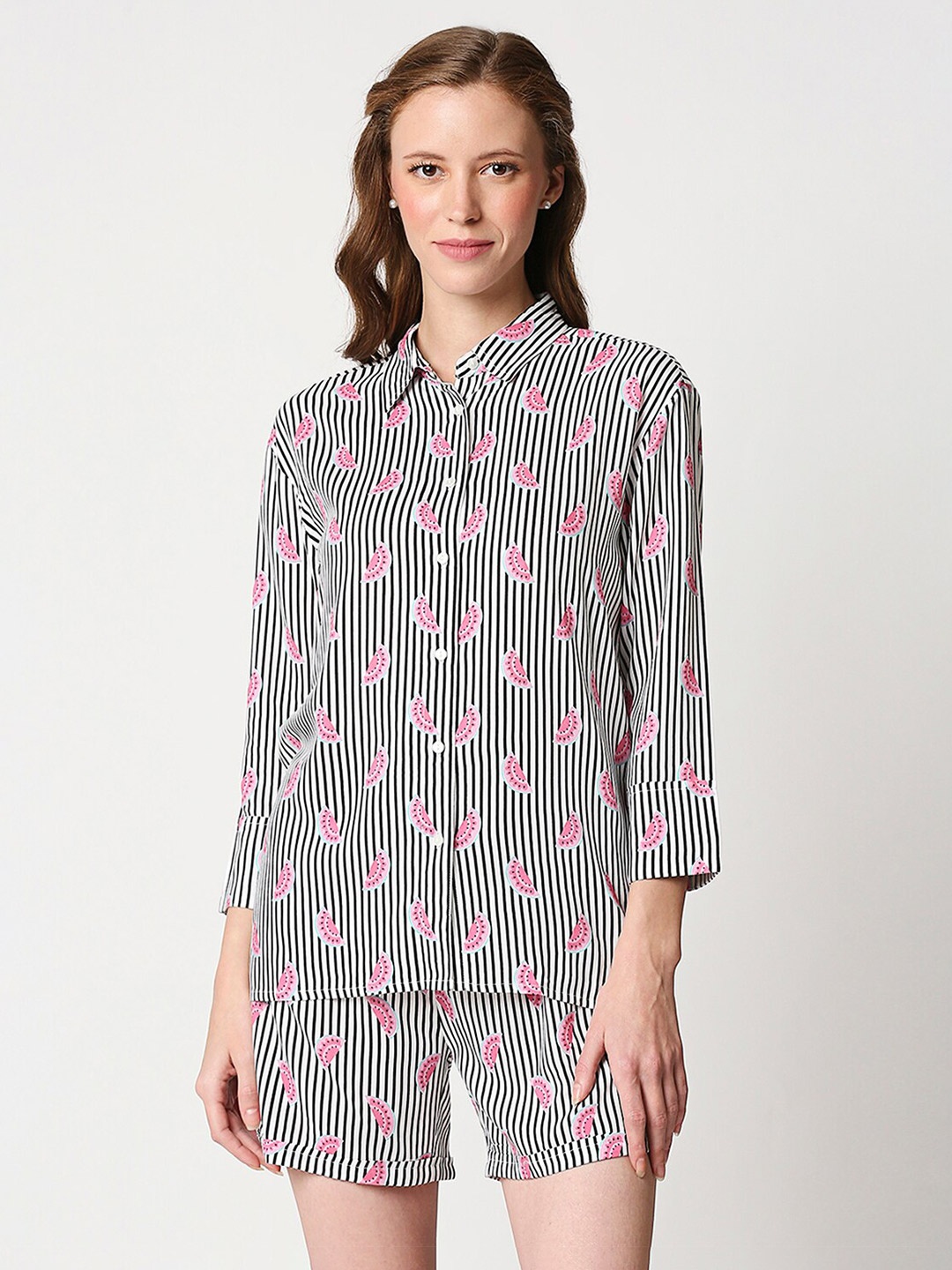 

Bewakoof Women White & Black Striped Night suit